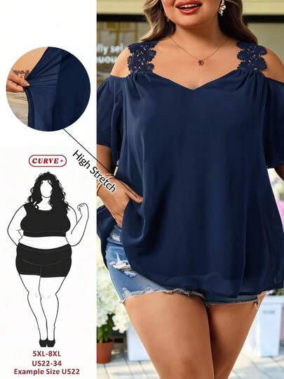 SHEIN CURVE+ Plus Size Women's Summer Vacation Casual Solid Color Off-Shoulder Short Sleeve Blouse