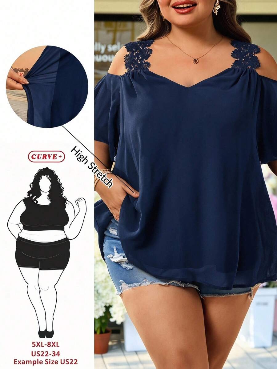 SHEIN CURVE+ 大码女式夏季度假休闲纯色露肩短袖衬衫 - 藏蓝色 - 查看 1