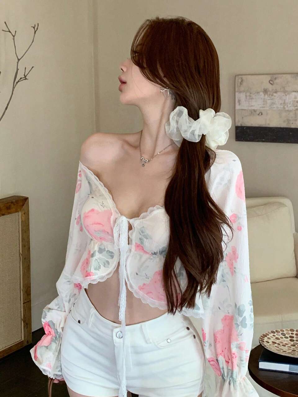 Women's Summer V-Neck Long Sleeve Pink Floral Print Chiffon Cardigan Blouse With Lace Trim And Tie Front, Vacation Shirt
