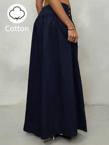 Glamine Pantalones anchos de cintura baja vintage, efecto estilizante, pantalones casuales de algodón puro color café, adecuados para vacaciones, uso casual, verano - Azul Marino - Ver 2