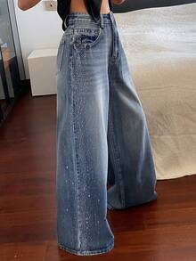 DAZY Distressed Washed Rhinestone Decor Casual Vacation Wide Leg Jeans For Women - Blue - View 7