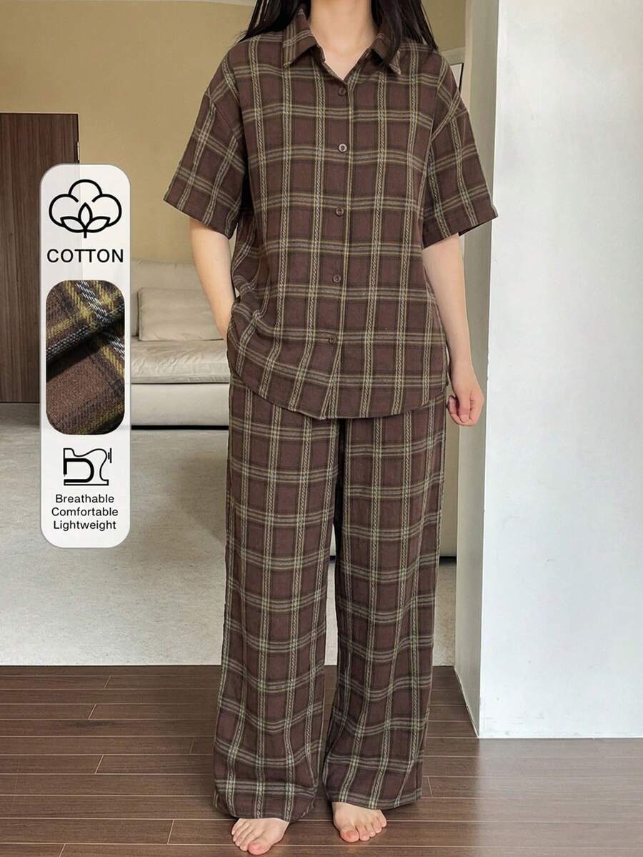 DAZY 2件套女士格子印花短袖开衫上衣和宽松直筒长裤睡衣套装,夏季 - 咖啡棕 - 查看 1