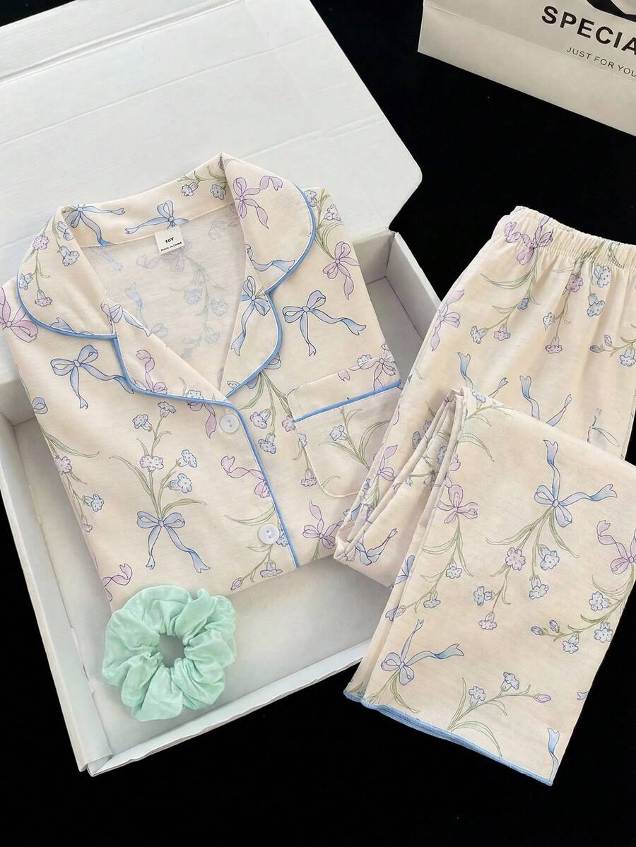 SHEIN 2件套女童碎花蝴蝶结装饰Polo领开衫和裤子休闲舒适宽松家居服套装 - 彩色 - 查看 1