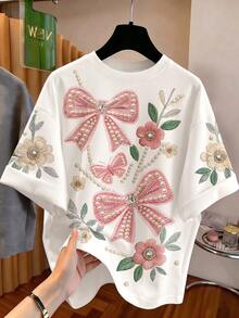 Tween Girl Pink Bow Print Round Neck Short Sleeve T-Shirt - White - View 3
