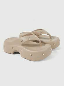 ROMWE Grunge Punk Women's Shoes Light Khaki Rock Punk Sandals, Summer Open-Toed Rivets Gothic Beach Roman Flip-Flops Summer Shoes - Grey + rivet - View 2