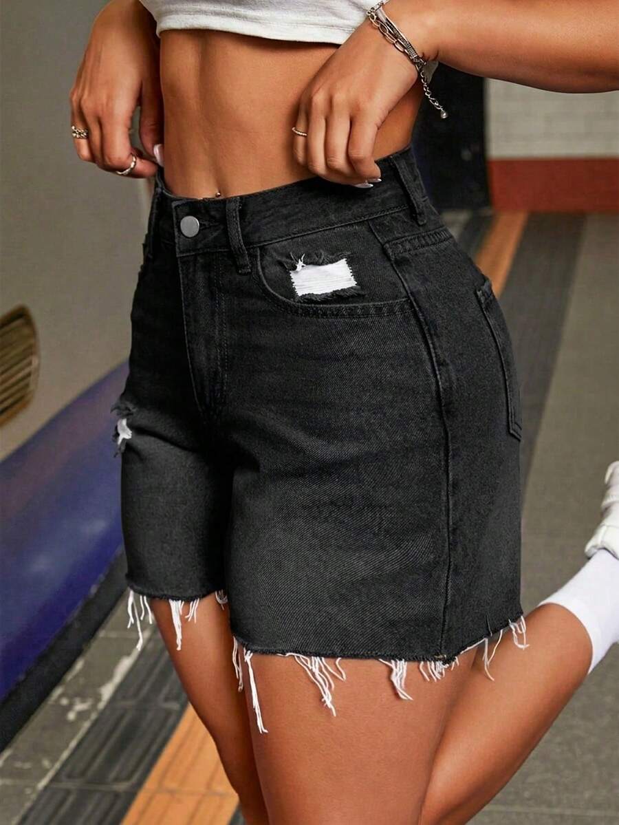 Jeanoix Plus Size Plain Simple Everyday Denim Shorts - Black - View 1