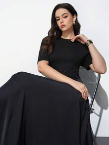 Maija Plus Size Spring/Summer Black Round Neck Short Sleeve Asymmetrical Cut Knit Spliced Flowy Hem Women's Dress Elegant Brunch Tea Party Formal - Black - View 5