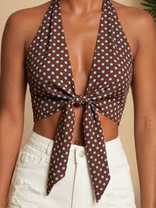 Travachic Casual Retro Style Brown Base Blue Polka Dot Allover Print Blouse, Suitable For Spring/Summer Vacation - Multicolor - View 1