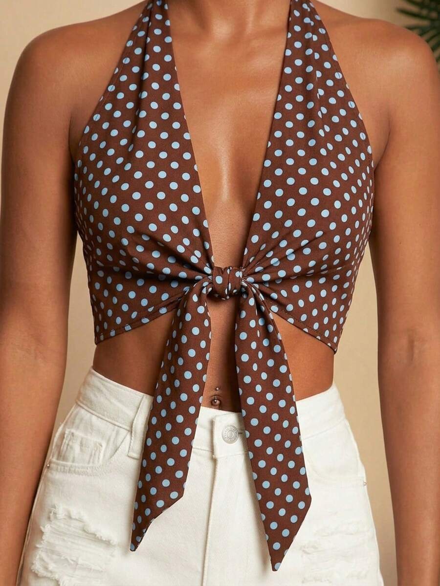 Travachic Casual Retro Style Brown Base Blue Polka Dot Allover Print Blouse, Suitable For Spring/Summer Vacation - Multicolor - View 1