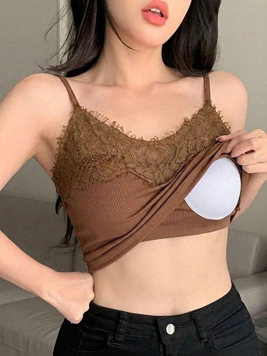 DAZY 女士时尚蕾丝拼接吊带背心 - 卡其色 - 查看 1