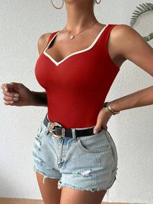 Chiquease Contrast Color Heart Collar Sleeveless Fitted Tank Top - Red - View 6