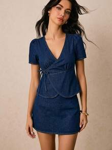 Poéselle Bộ đồ nữ gồm áo tay ngắn buộc dây và chân váy mini denim. - Rửa trung bình - Xem 6