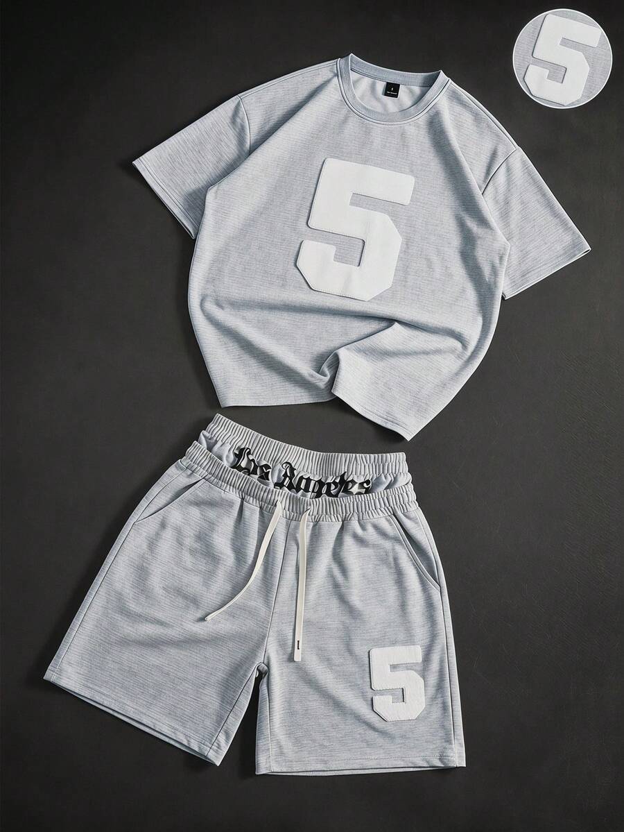PAVTROS Men's Street Number Print T-Shirt And Shorts Set, Holiday - Light Grey - View 1