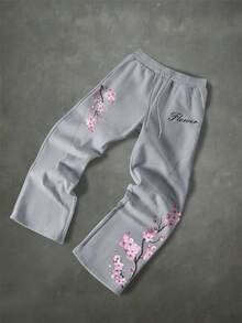 Manfinity EMRG Quần nỉ nam họa tiết chữ & hoa, eo dây rút, có túi, phong cách thường ngày - Xám - Xem 4