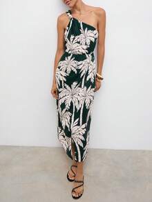 Maija Women's Palm Tree Print Sleeveless Split Hem Midi Dress, Vacation Style, Vacation Outfits,Summer Holiday Outfits Dark Green Casual Tropical Vacation - Dark Green - View 7