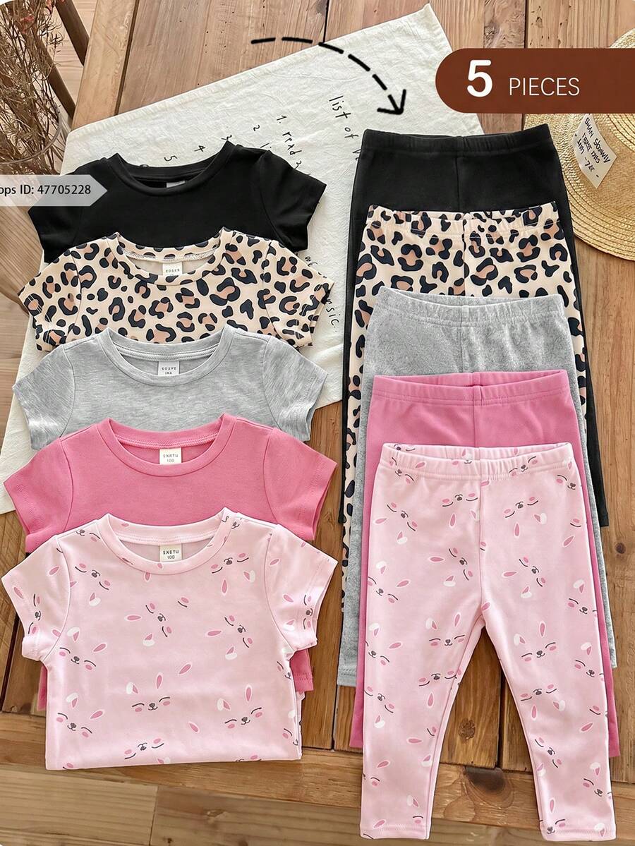SHEIN 5件組女嬰休閒可愛動物印花柔軟舒適內搭褲套裝 - 彩色 - 查看 1