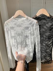 Girlism Kids 2pcs Teen Girls Black Lace Mesh Overlay Elegant Fitted T-Shirt Set,Autumn Vintage Crochet Coverup Rave Party Summer Outfit Praia Vestir Kids - Black and White - View 5