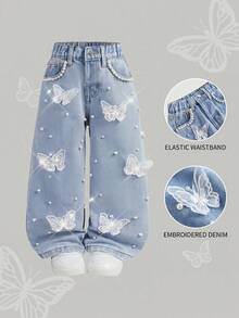 SHEIN 女童新款時尚波西米亞休閒Y2K白色仿珍珠裝飾緞帶蝴蝶結淺藍色牛仔寬鬆破洞牛仔褲，適合女童春夏季日常穿著、街頭風、海灘、返校、休閒，幼兒短褲，4歲女童短褲，夏季短褲，休閒短褲，蝴蝶結牛仔褲，返校牛仔褲 - 淺色水洗藍 - 查看 3