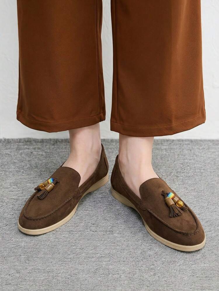 CUCCOO BIZCHIC Fashion Brown Suede Retro Beads Comfortable Commuting Women's Flat-Bottomed Loafers Women's Flat-Bottomed Shoes Are Suitable For Outdoor Vacation Shopping And Work Daily Versatile Flat-Bottomed Women's Shoes