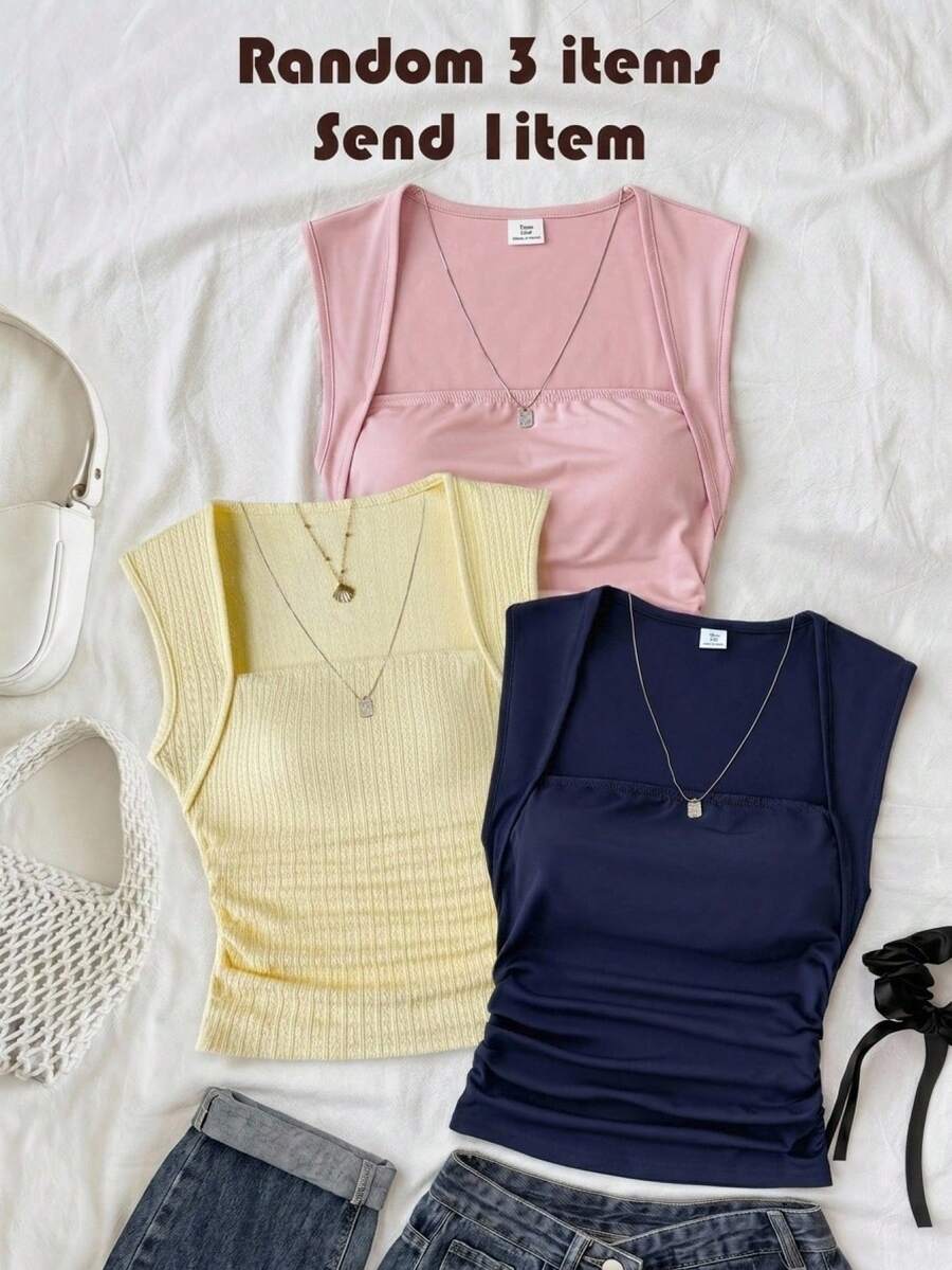 SHEIN Teen Girls' Crew Neck Ruched Fitted Textured Yellow Camisole Top - Yellow - View 1
