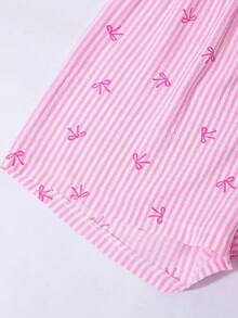 SHEIN Sparklyn 2件套少女温柔甜美蝴蝶结条纹衬衫短裤套装，时尚印花图案，修身通勤款，适合上学、通勤、旅行、海滩等场合。 - 粉色 - 查看 8