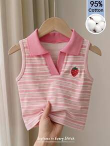 Cozy Pixies Áo polo không tay kẻ sọc thêu hình dâu tây dễ thương cho bé gái, đa năng cho mùa hè. - Nhiều màu - Xem 2