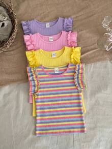 SHEIN LMoss Kids 4pcs Young Girl Solid Color Round Neck Ruffle Hem Fitted T-Shirt Set - Multicolor - View 5