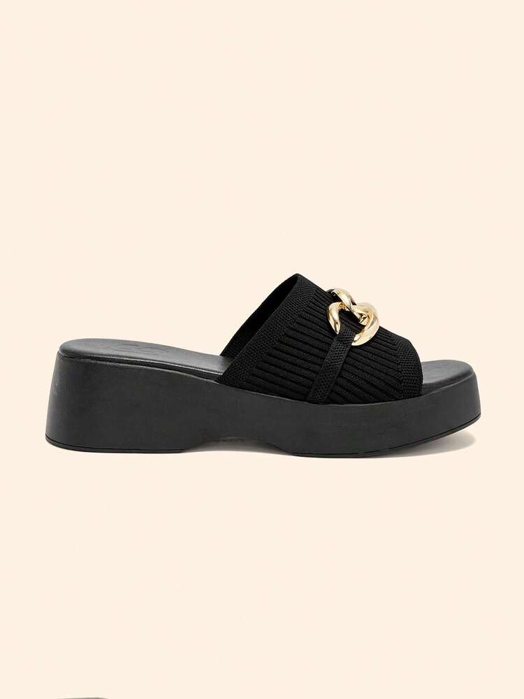CUCCOO BASICS Women Shoes Round Head Thick-Soled Black Knitted Metal Chain Simple And Comfortable Breathable Women's Fashion Flat-Soled Thick-Soled Sandals Slippers Daily Versatile Commuter Women's Slippers