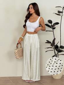 SHEIN PETITE Women's Spring/Summer New Polka Dot Wide Leg Pants With Slant Pockets - Apricot - View 6