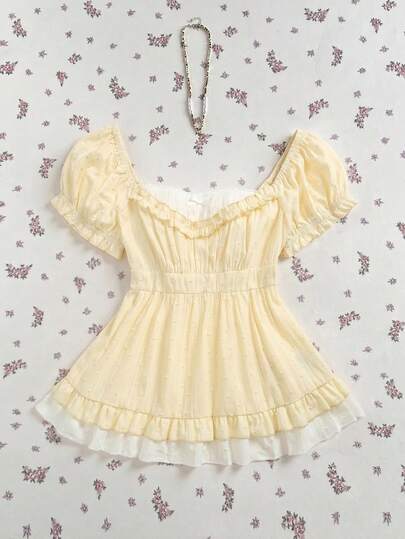 Elamini New Summer Cotton Sweet Yellow Shirt, Cutout Polka Dot Lace Patchwork Design, Casual Peter Pan Collar Short Sleeve Top, Suitable For Daily Wear And Dates