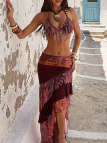 Opulessa Women's Summer Vacation Asymmetric Hem Tassel Detail Skirt - Brown - View 2