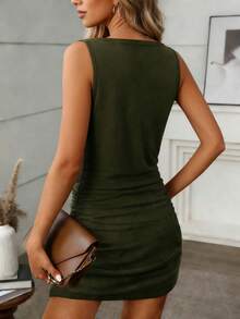 SHEIN PariChic Đầm nữ thường ngày đa năng với thiết kế nhún chun hai bên, thích hợp cho mùa xuân/hè. - xanh quân đội - Xem 2
