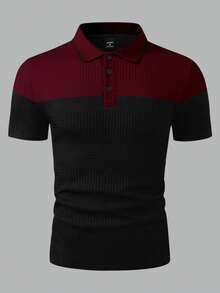 EGENSIO Men's Knitted Jacquard Solid Color Texture Splice Black & Red Collar & Cuff Ribbed Placket 3-Button Polo Shirt - Black - View 3
