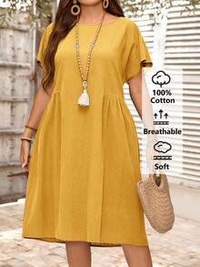 EMERY ROSE Vestido casual de verano versátil, de talla grande, de unicolor, cuello redondo, manga corta, plisado y holgado - Amarillo - Ver 1