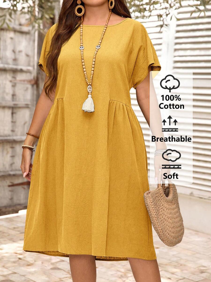 EMERY ROSE Vestido casual de verano versátil, de talla grande, de unicolor, cuello redondo, manga corta, plisado y holgado - Amarillo - Ver 1