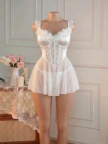 Crystal Vow Plus Size Bridal Series Sheer Mesh Patchwork Satin Contrast Lace Floral Decor Underwire Supportive Lingerie Dress With G-String 2pcs Set - White - View 4