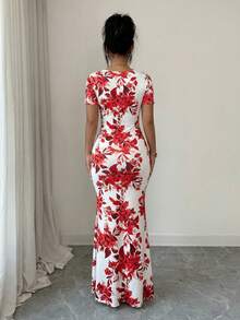 Rafferiza Women's Summer Short Sleeve Dress, Digital Printed Vacation Dress, Beach Holiday Dress With Slit Hem And Waist Ruching - Red - View 2