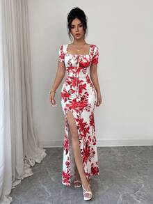 Rafferiza Women's Summer Short Sleeve Dress, Digital Printed Vacation Dress, Beach Holiday Dress With Slit Hem And Waist Ruching - Red - View 5
