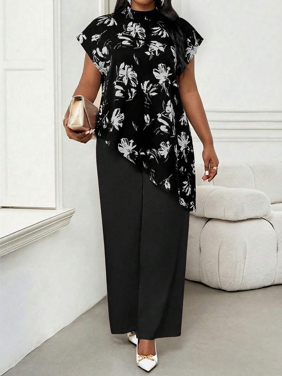 SHEIN Lady Bộ đồ thời trang nữ 2 món gồm áo vạt bất đối xứng in hoa đen và quần ống rộng thanh lịch - màu đen - Xem 1