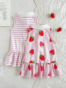 SHEIN Vintaside Kids 两件套女婴翻领无袖连衣裙，荷叶边下摆，粉色条纹领，草莓印花，休闲可爱夏日连衣裙，适合日常穿着或度假 - 彩色 - 查看 4