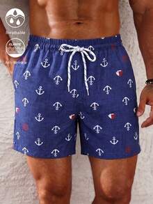 Manfinity KASUA Men's Navy Anchor Print Beach Shorts, Drawstring Elastic Waist Loose Fit Swim Trunks, Suitable For Beach Vacation/Pool Leisure - Navy Blue - View 1