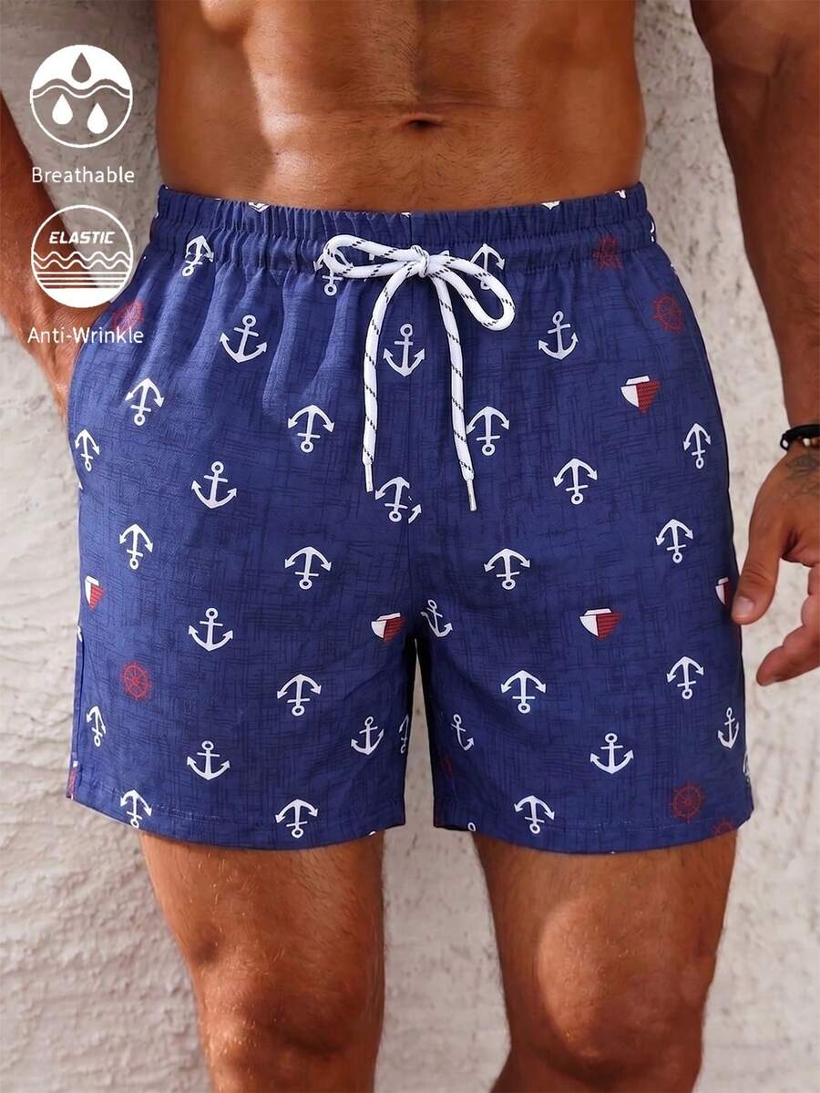 Manfinity KASUA Men's Navy Anchor Print Beach Shorts, Drawstring Elastic Waist Loose Fit Swim Trunks, Suitable For Beach Vacation/Pool Leisure - Navy Blue - View 1