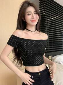 DAZY 女款露肩緊身T恤 夏季 - 黑色 - 查看 5
