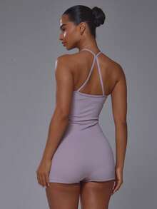 Musera Sport Scoop Neck Stripe Detail Fitted Cross Back Straps Mini Short Unitard Playsuit  Gym Active Sports Pilates Running Cute Girly Daily Everyday Slowburn - Purple - View 4