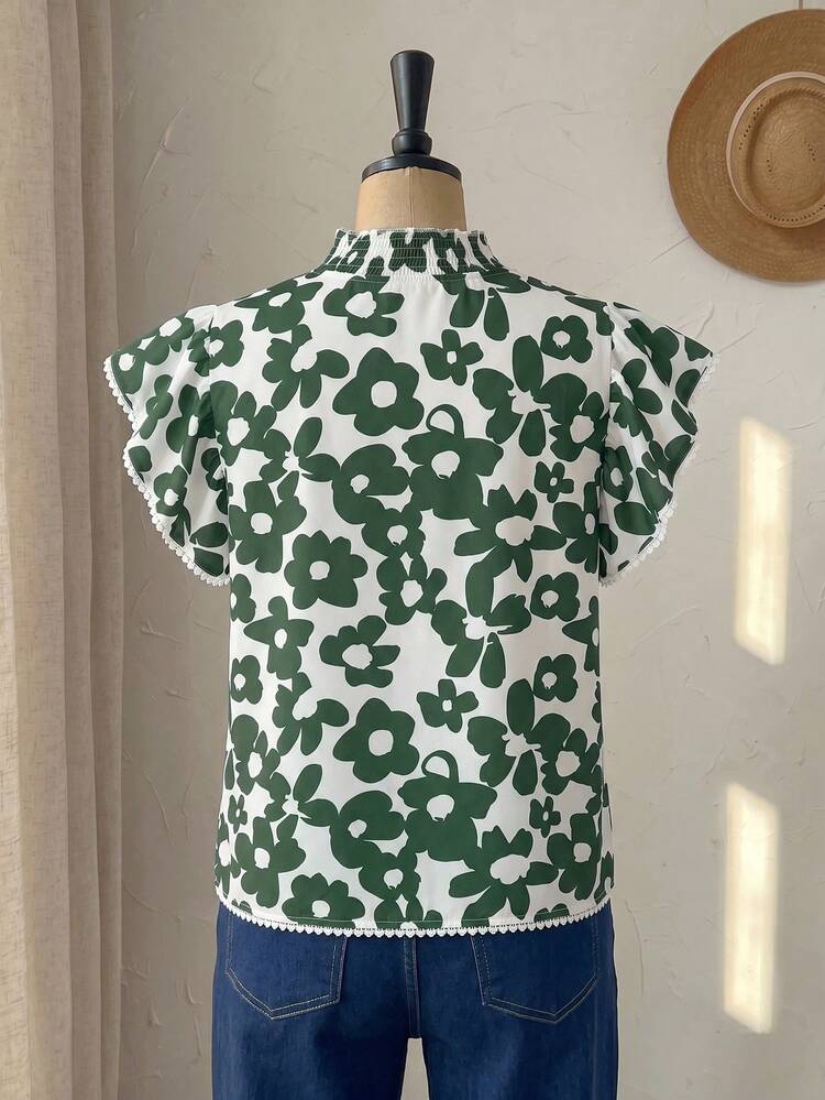 Plus Size Women Summer Casual Printed Cap Sleeve Cutout Neck Blouse Summer Top Beach Outfit For Women