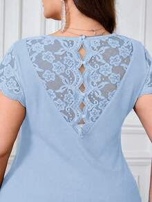 SHEIN Clasi Plus Size Women Elegant Solid Color Lace Patchwork T-Shirt Dates Formal Baby Blue Summer - Baby Blue - View 7