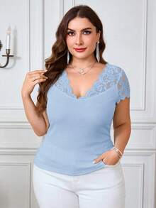 SHEIN Clasi Plus Size Women Elegant Solid Color Lace Patchwork T-Shirt Dates Formal Baby Blue Summer - Baby Blue - View 8