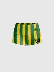 ROMWE Street Life Soccer Themed Sexy Streetwear Athletic Sporty Numeric Print Shorts For Women Summer Gym Workout Green And Yellow - Green - View 1
