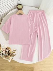 SHEIN 2pcs/Set Tween Girls Casual Loose Comfortable Round Neck Short Sleeve T-Shirt And Pants Set - Pink - View 3
