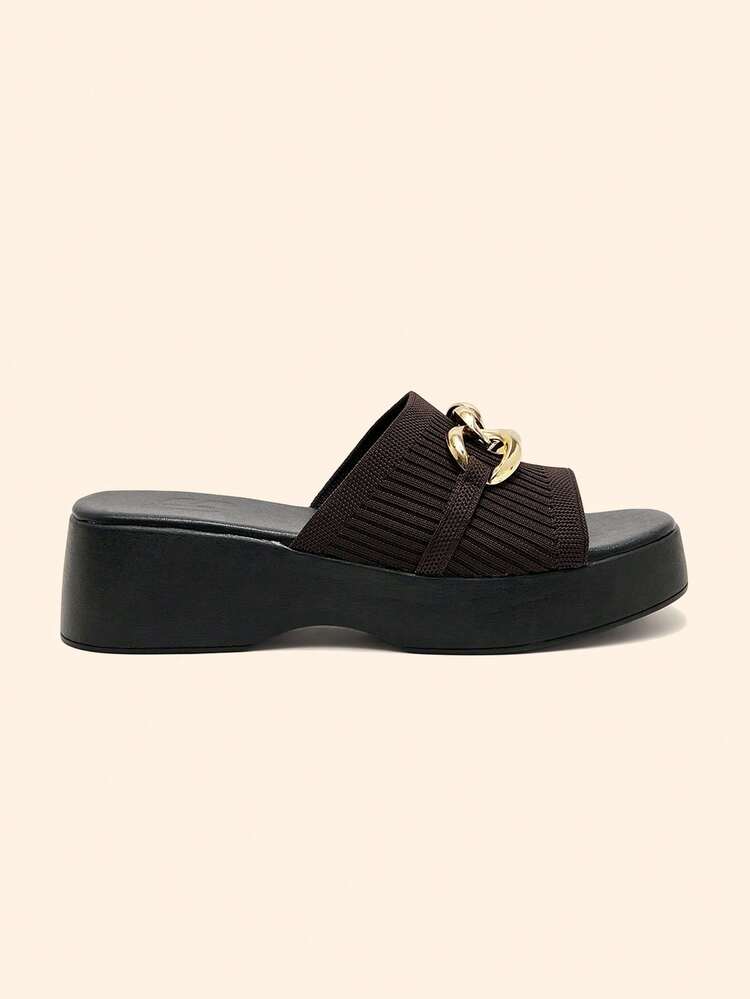 CUCCOO BASICS Women Shoes Round Head Platform Brown Knitted Metal Chain Simple Comfortable Breathable Women's Fashion Flat Bottom Platform Sandals Slippers Daily Versatile Commuter Women's Slippers